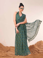 Ready to wear blue and green colored printed poly georgette saree