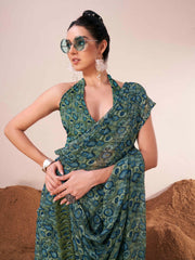 Ready to wear blue and green colored printed poly georgette saree