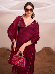 Maroon colored lehariya woven saree with embellished border