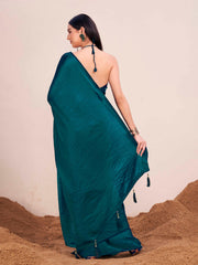 Blue colored two tone saree with tassles on pallu