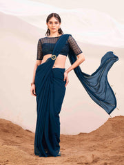 Blue colored designer poly georgette saree with embroidered blouse and a metallic ring on waist to accentuate the pallu