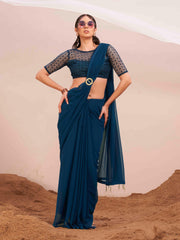 Blue colored designer poly georgette saree with embroidered blouse and a metallic ring on waist to accentuate the pallu