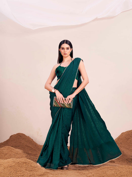 Green colored satin jacquard saree with embellished lace