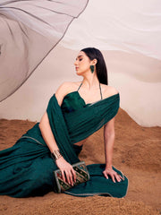 Green colored satin jacquard saree with embellished lace