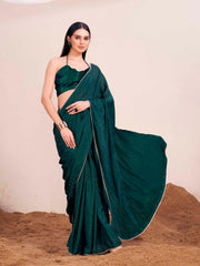 Green colored satin jacquard saree with embellished lace