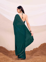 Green colored satin jacquard saree with embellished lace