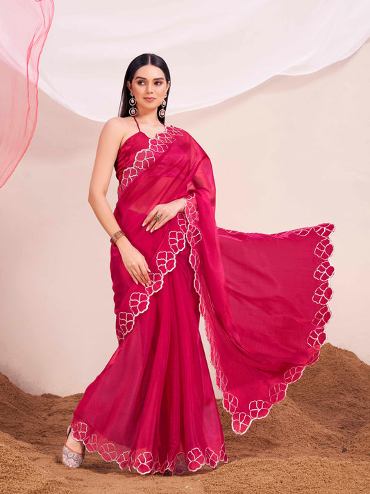 Pink colored saree with gota patti border