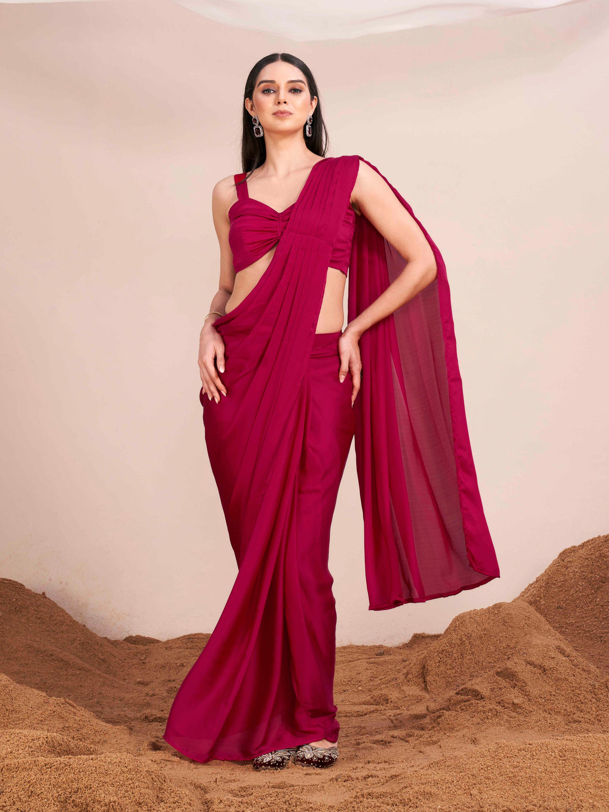 Ready to wear pink colored satin saree with unstitched blouse