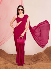 Ready to wear pink colored satin saree with unstitched blouse