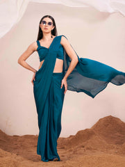 Ready to wear teal colored satin saree with unstitched blouse