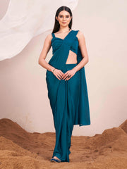 Ready to wear teal colored satin saree with unstitched blouse