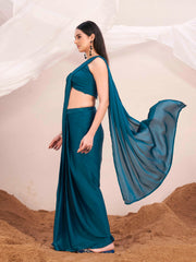 Ready to wear teal colored satin saree with unstitched blouse