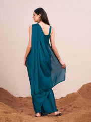 Ready to wear teal colored satin saree with unstitched blouse