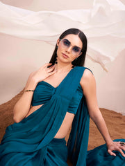 Ready to wear teal colored satin saree with unstitched blouse