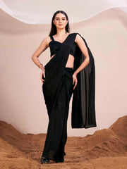 Ready to wear black colored satin saree with unstitched blouse