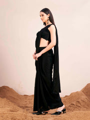 Ready to wear black colored satin saree with unstitched blouse