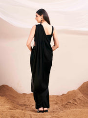 Ready to wear black colored satin saree with unstitched blouse