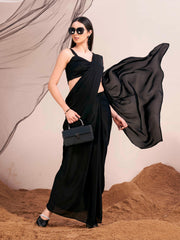 Ready to wear black colored satin saree with unstitched blouse