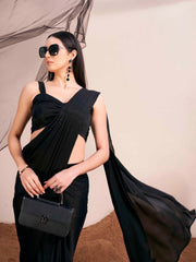 Ready to wear black colored satin saree with unstitched blouse