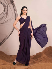 Ready to wear violet colored satin saree with unstitched blouse