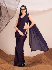 Ready to wear violet colored satin saree with unstitched blouse