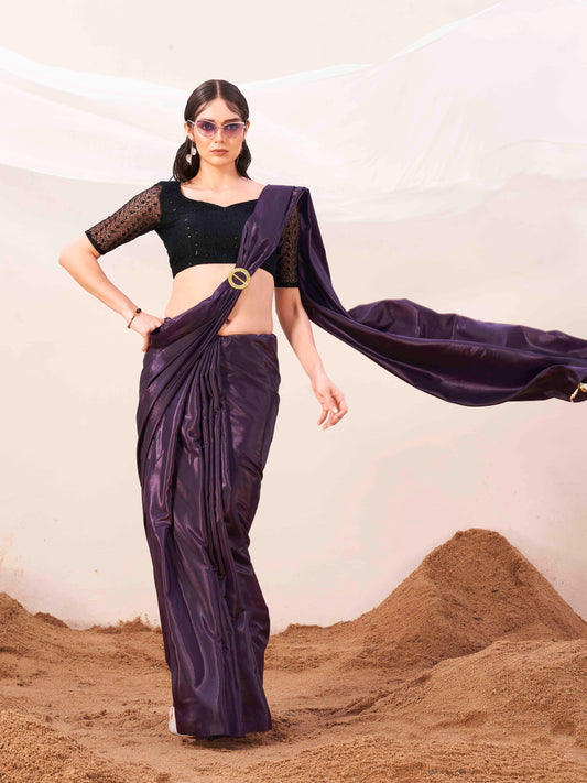 Metallic Purple colored designer satin saree with embroidered blouse and metallic ring on waist to accentuate the pallu