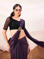 Metallic Purple colored designer satin saree with embroidered blouse and metallic ring on waist to accentuate the pallu