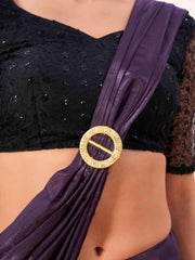 Metallic Purple colored designer satin saree with embroidered blouse and metallic ring on waist to accentuate the pallu