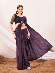 Metallic Purple colored designer satin saree with embroidered blouse and metallic ring on waist to accentuate the pallu