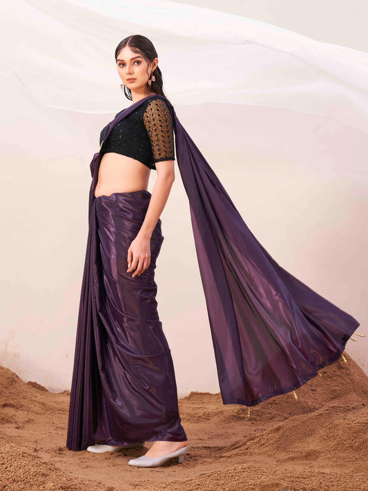 Metallic Purple colored designer satin saree with embroidered blouse and metallic ring on waist to accentuate the pallu