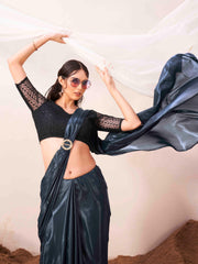 Metallic Teal colored designer satin saree with embroidered blouse and metallic ring on waist to accentuate the pallu