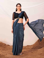 Metallic Teal colored designer satin saree with embroidered blouse and metallic ring on waist to accentuate the pallu