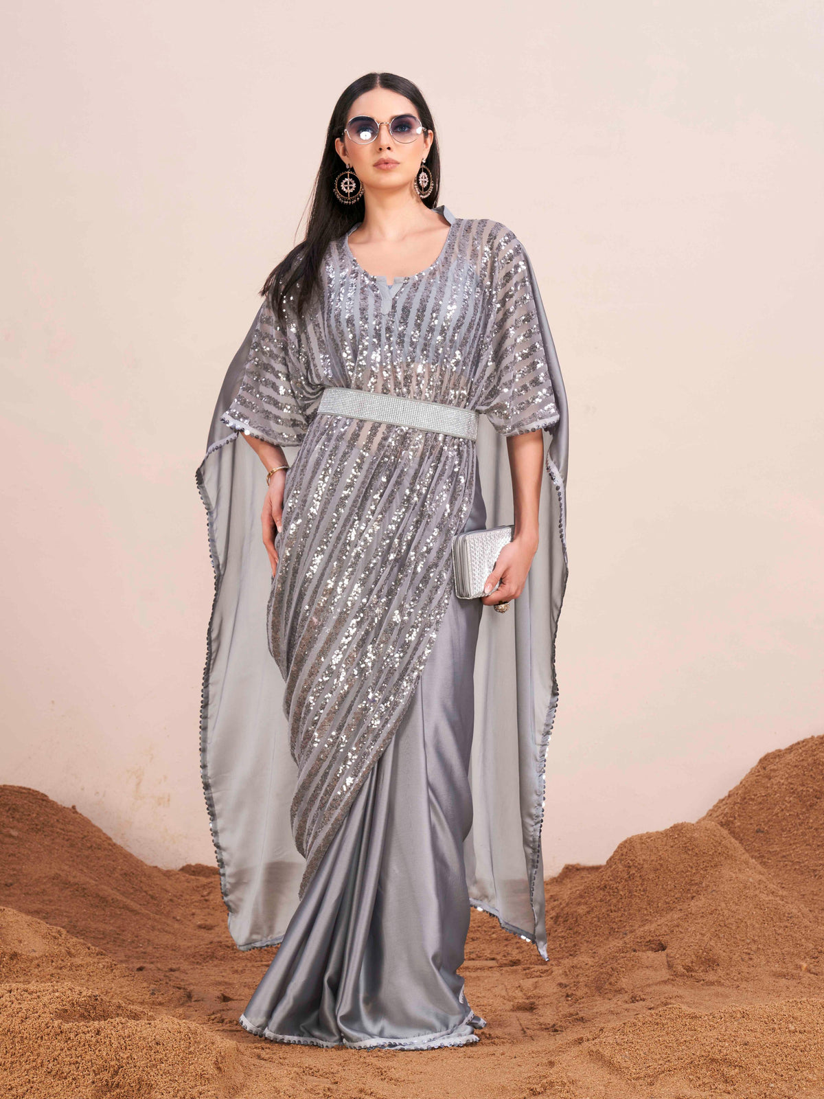 Grey colored kaaftan designer saree