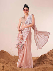 Peach colored fancy designer saree with moti lace on shoulder portion