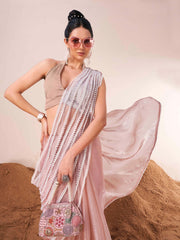 Peach colored fancy designer saree with moti lace on shoulder portion