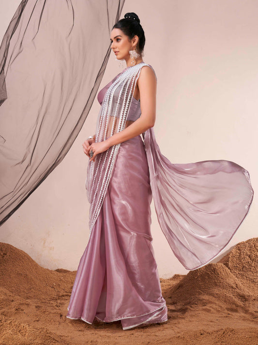 Lavendar colored fancy designer saree with moti lace on shoulder portion