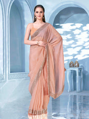 Peach colored sequined embroidered crunchy saree with brocade blouse