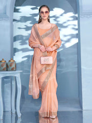 Peach colored sequined embroidered crunchy saree with brocade blouse