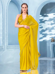 Ready to wear yellow colored saree with brocade blouse