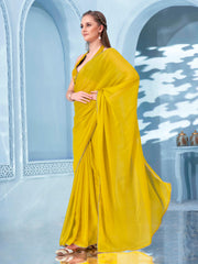 Ready to wear yellow colored saree with brocade blouse