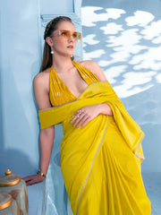 Ready to wear yellow colored saree with brocade blouse