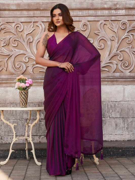 Two tone violet colored saree with tassles on pallu