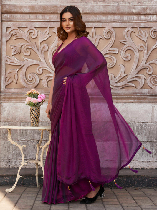 Two tone violet colored saree with tassles on pallu