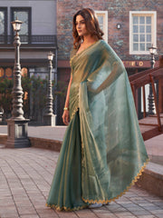 Two toned olive green and gold colored jimmy choo saree with brocade blouse and embroidered lace