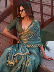 Two toned olive green and gold colored jimmy choo saree with brocade blouse and embroidered lace