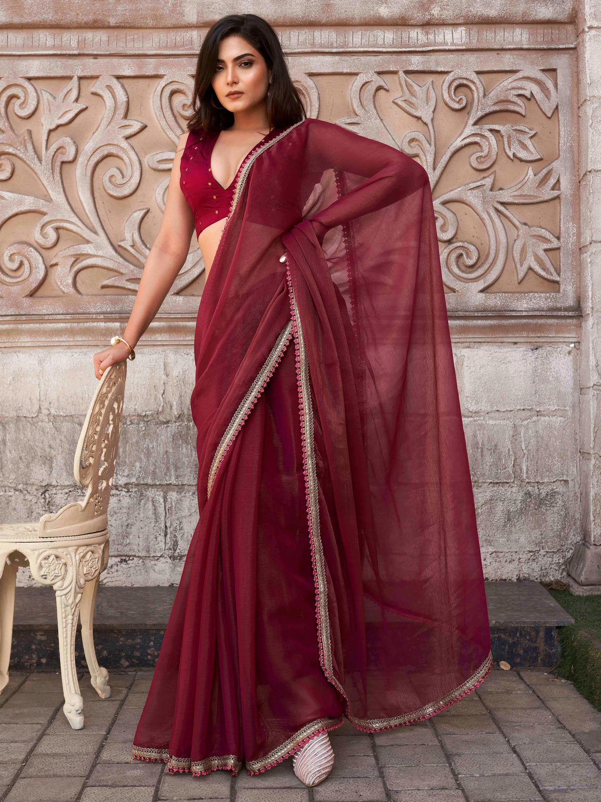 Pink annd gold colored shimmer chiffon saree with brocade blouse