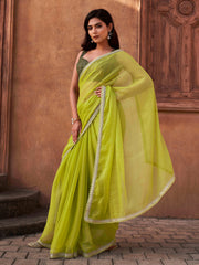 Green colored shimmer chiffon saree with embellished lace and brocade blouse