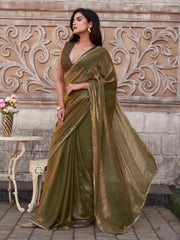 Ready to wear Green and gold colored two tone satin burbery saree with embellished border