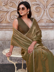 Ready to wear Green and gold colored two tone satin burbery saree with embellished border