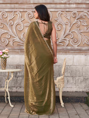 Ready to wear Green and gold colored two tone satin burbery saree with embellished border